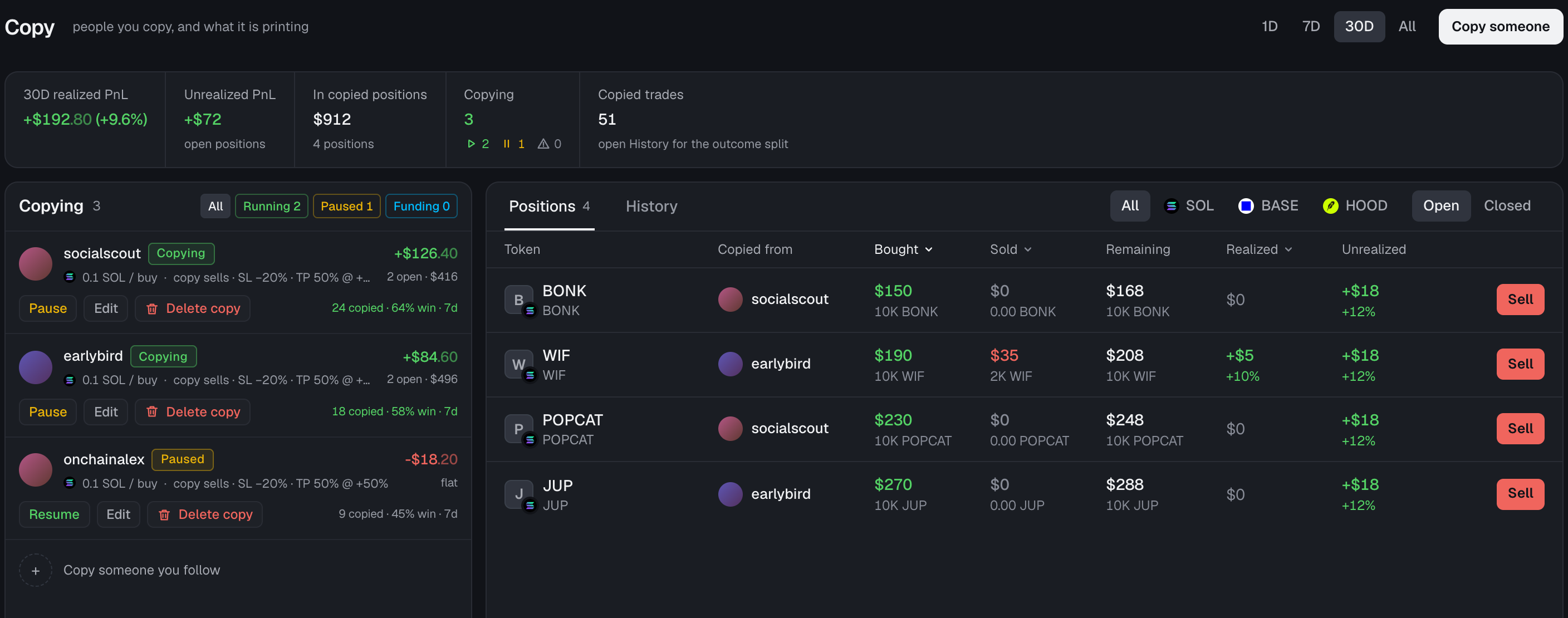 The Social.fun copy trading dashboard: trader controls, running and paused strategies, open positions, trade amounts, and position PnL.