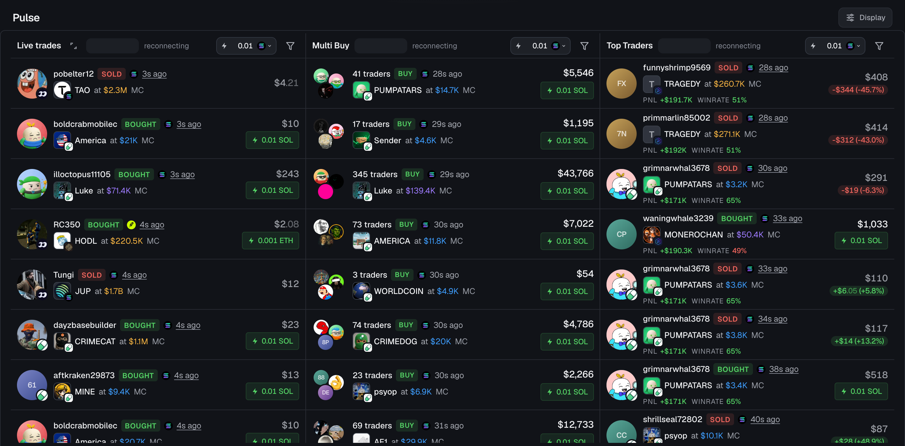 Social.fun Pulse terminal showing live trades, multi-buy activity, and top traders.